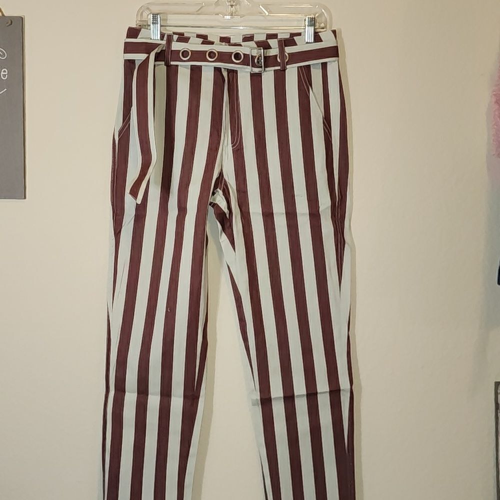 UNIQ, Belted Striped cropped Burgandy and cream pants, Size Lg